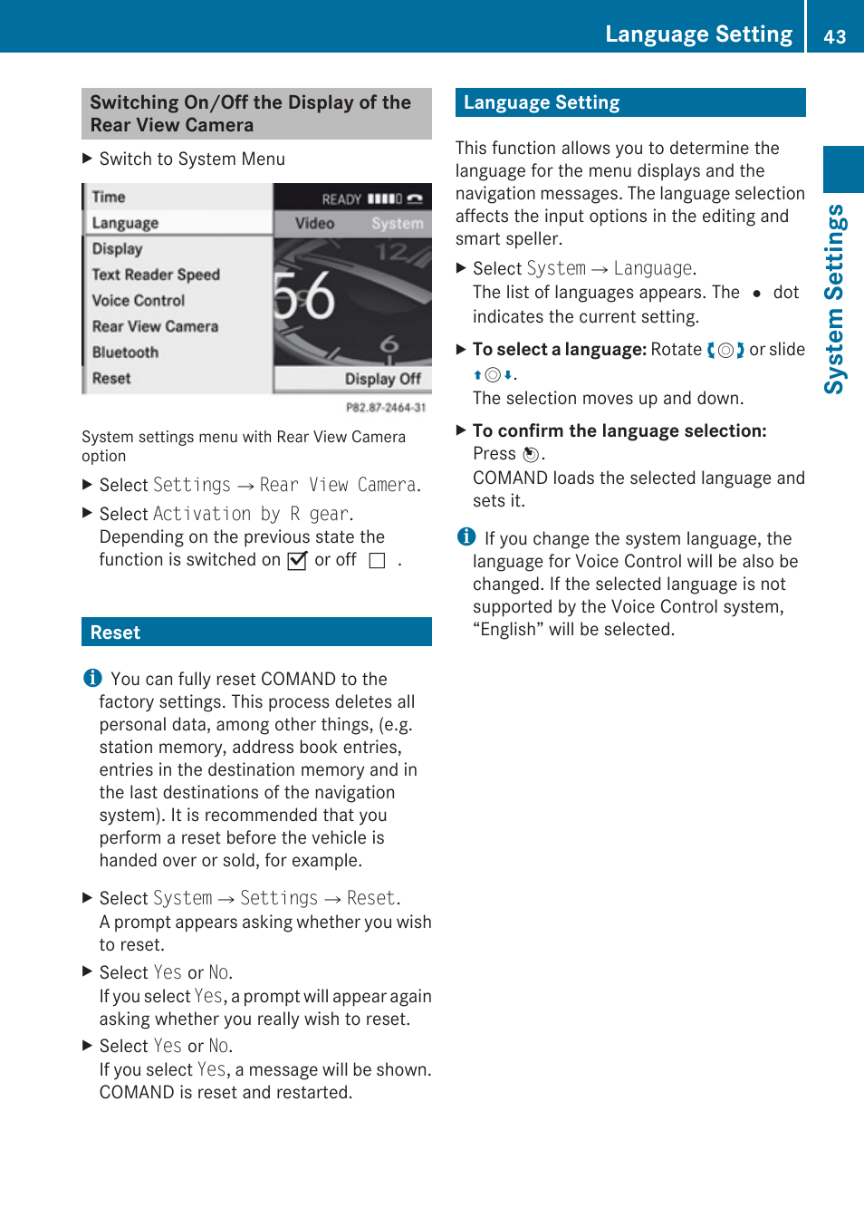 Reset, Language setting, System settings | Mercedes-Benz C-Class 2010 COMAND Manual User Manual | Page 45 / 212
