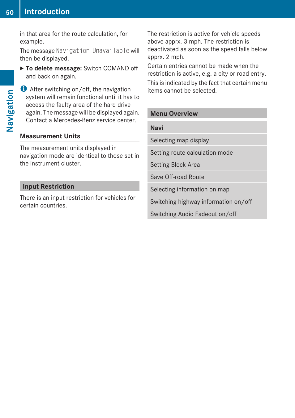 Input restriction, Menu overview, Navigation | Introduction | Mercedes-Benz C-Class 2010 COMAND Manual User Manual | Page 52 / 212