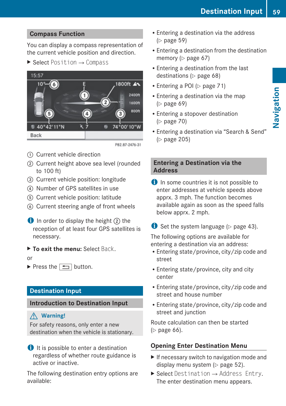 Compass function, Destination input, Introduction to destination input | Entering a destination via the address, Navigation | Mercedes-Benz C-Class 2010 COMAND Manual User Manual | Page 61 / 212
