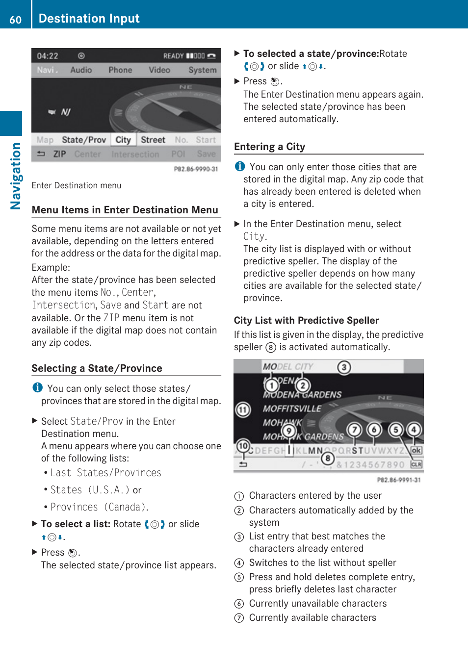 Navigation, Destination input | Mercedes-Benz C-Class 2010 COMAND Manual User Manual | Page 62 / 212
