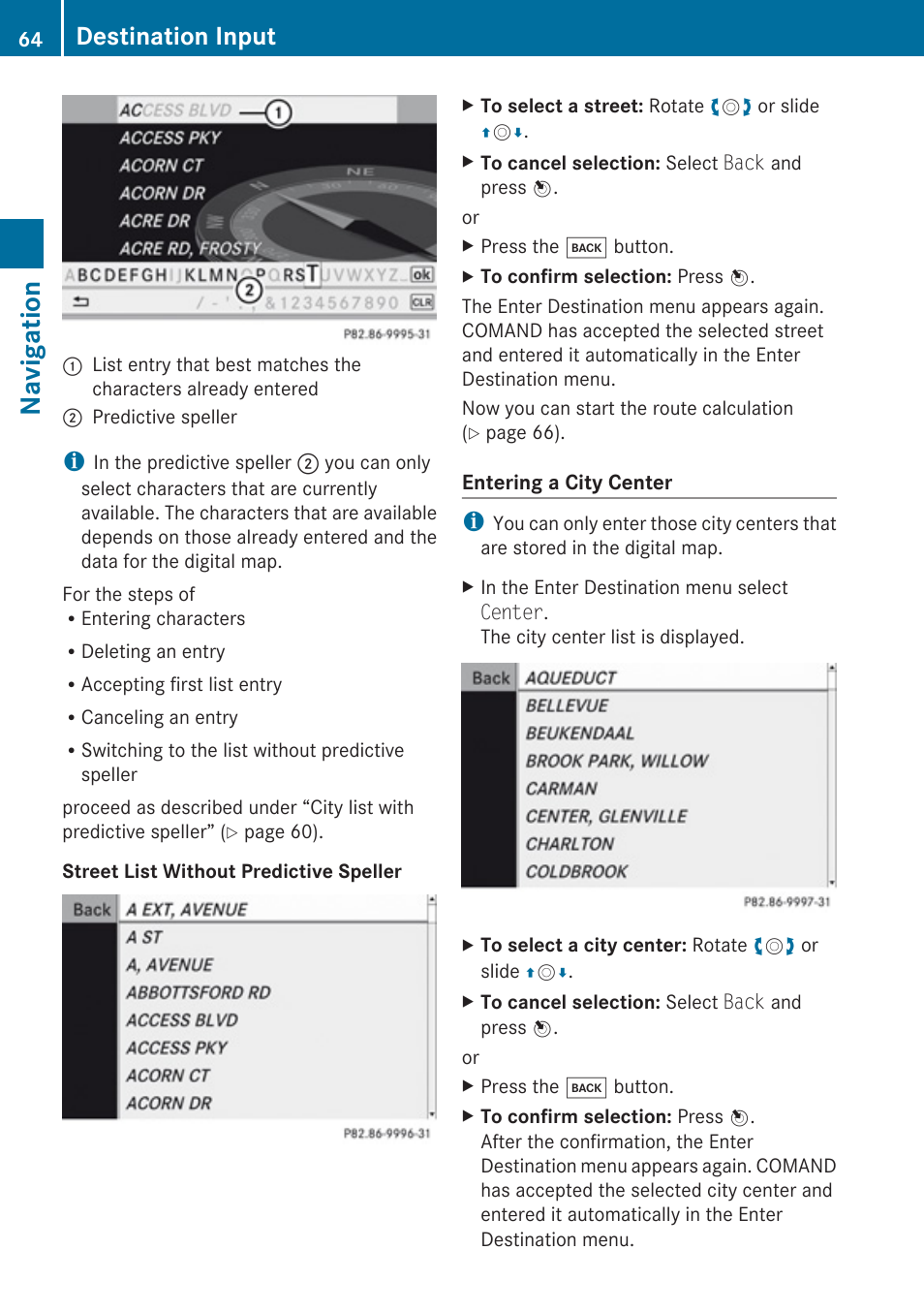 Navigation, Destination input | Mercedes-Benz C-Class 2010 COMAND Manual User Manual | Page 66 / 212