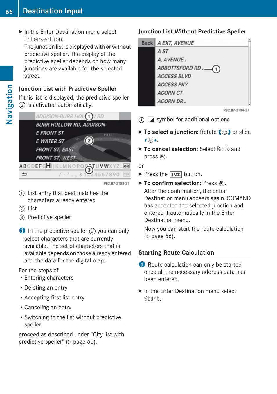 Route calculation, Navigation, Destination input | Mercedes-Benz C-Class 2010 COMAND Manual User Manual | Page 68 / 212