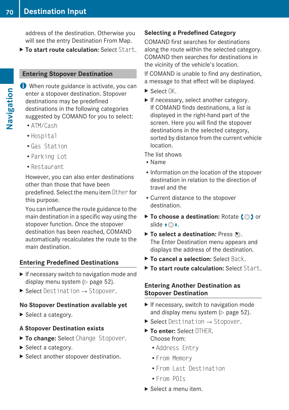 Entering stopover destination, Navigation, Destination input | Mercedes-Benz C-Class 2010 COMAND Manual User Manual | Page 72 / 212