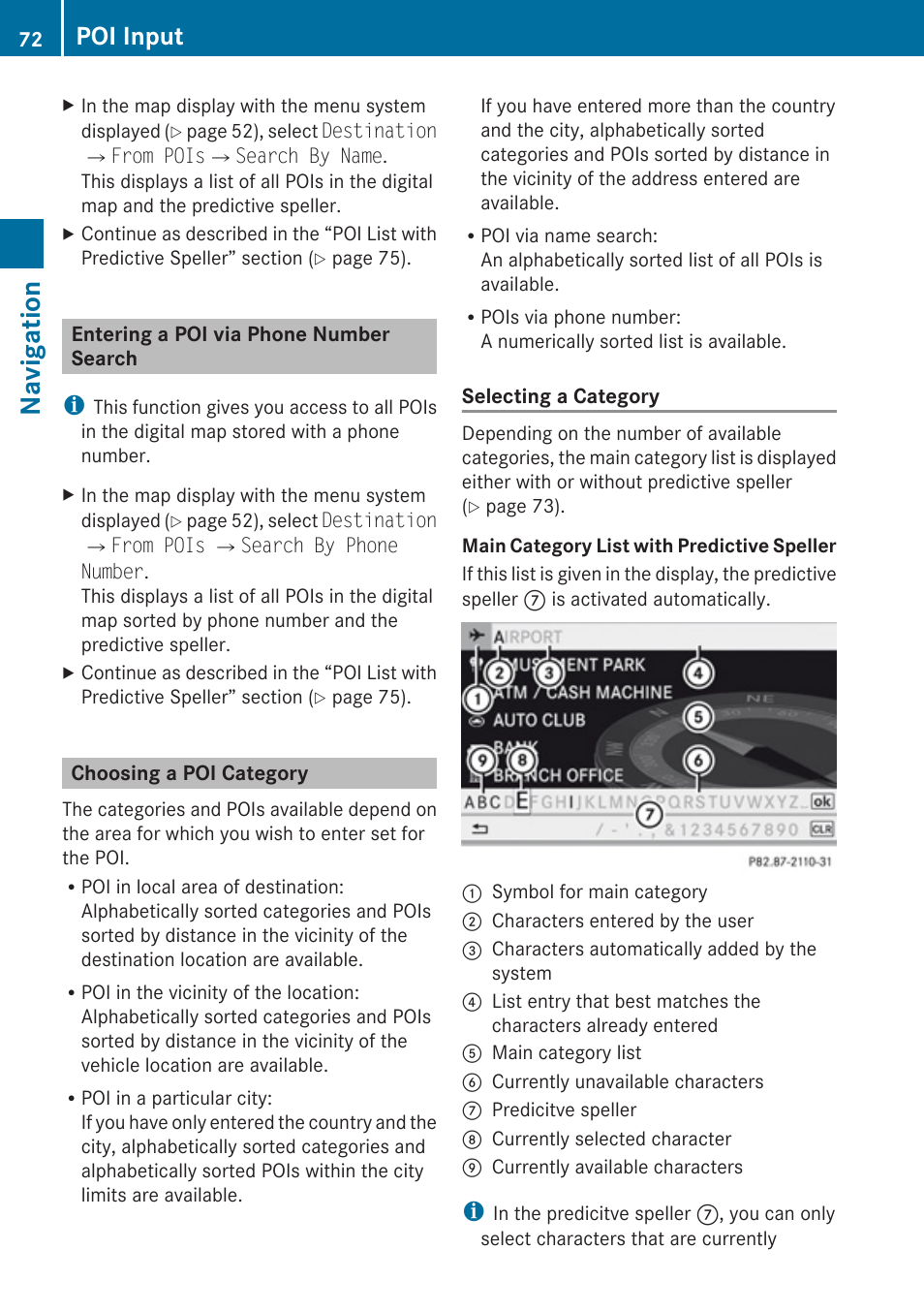 Entering a poi via phone number search, Choosing a poi category, Selecting the poi category | Navigation, Poi input | Mercedes-Benz C-Class 2010 COMAND Manual User Manual | Page 74 / 212