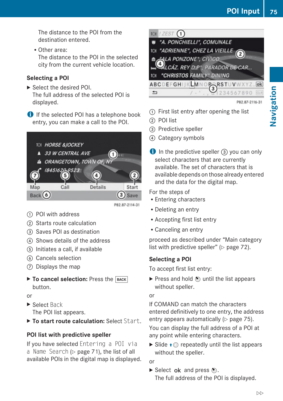 Predictive speller” section, Navigation, Poi input | Mercedes-Benz C-Class 2010 COMAND Manual User Manual | Page 77 / 212