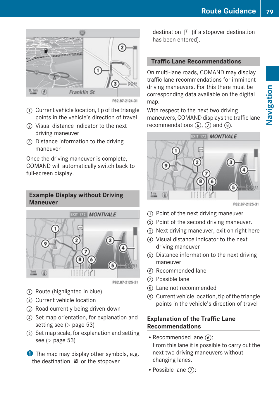 Example display without driving maneuver, Traffic lane recommendations, Navigation | Route guidance | Mercedes-Benz C-Class 2010 COMAND Manual User Manual | Page 81 / 212