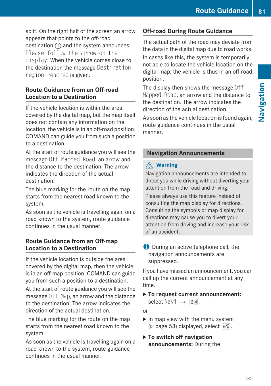 Navigation announcements, Navigation, Route guidance | Mercedes-Benz C-Class 2010 COMAND Manual User Manual | Page 83 / 212