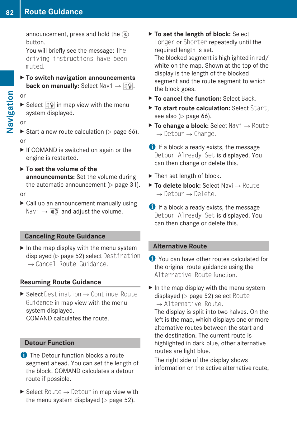 Canceling route guidance, Detour function, Alternative route | Navigation, Route guidance | Mercedes-Benz C-Class 2010 COMAND Manual User Manual | Page 84 / 212