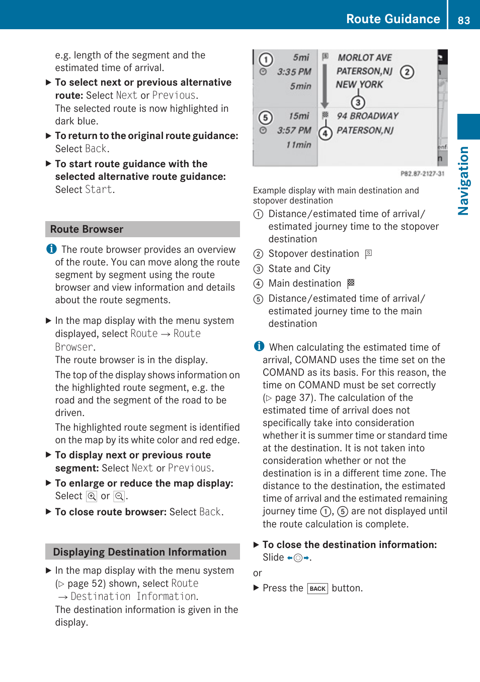 Route browser, Displaying destination information, Navigation | Route guidance | Mercedes-Benz C-Class 2010 COMAND Manual User Manual | Page 85 / 212