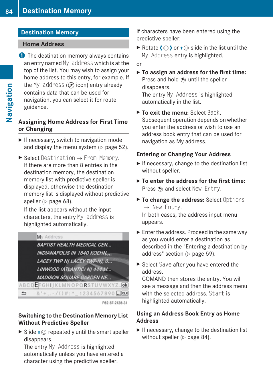 Destination memory, Home address, Guidance | Navigation | Mercedes-Benz C-Class 2010 COMAND Manual User Manual | Page 86 / 212