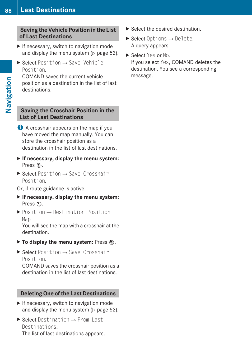 Deleting one of the last destinations, Navigation, Last destinations | Mercedes-Benz C-Class 2010 COMAND Manual User Manual | Page 90 / 212