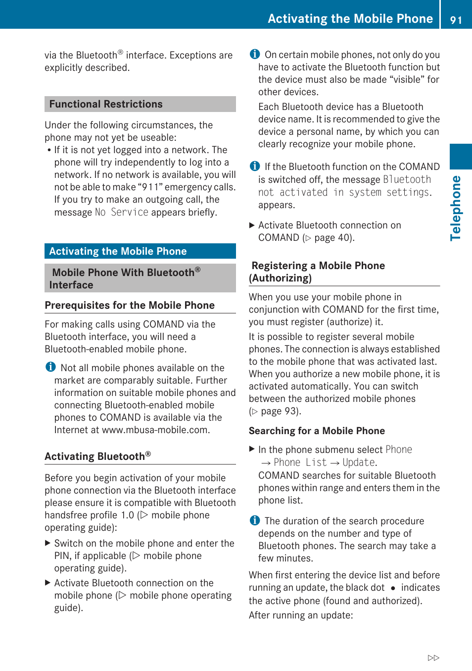Functional restrictions, Activating the mobile phone, Mobile phone with bluetooth® interface | Telephone | Mercedes-Benz C-Class 2010 COMAND Manual User Manual | Page 93 / 212