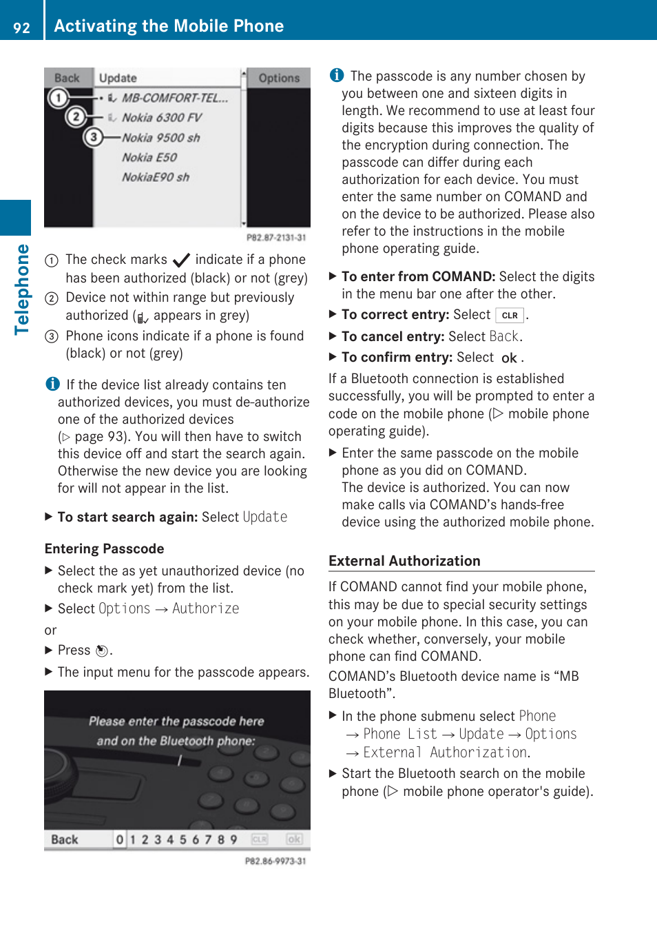 Telephone, Activating the mobile phone | Mercedes-Benz C-Class 2010 COMAND Manual User Manual | Page 94 / 212