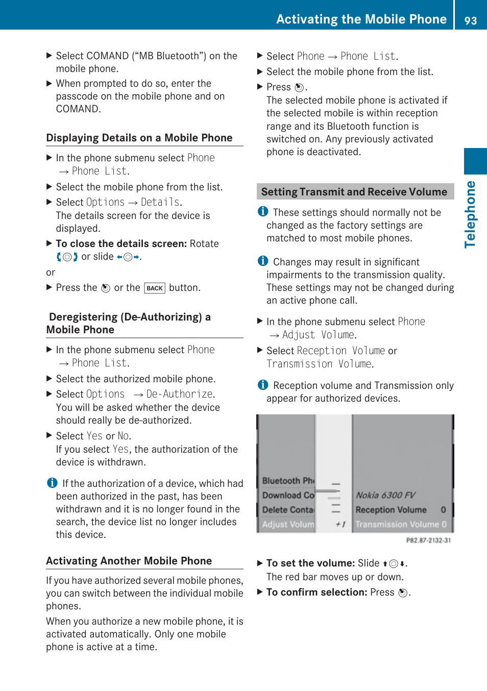 Setting transmit and receive volume, Telephone, Activating the mobile phone | Mercedes-Benz C-Class 2010 COMAND Manual User Manual | Page 95 / 212
