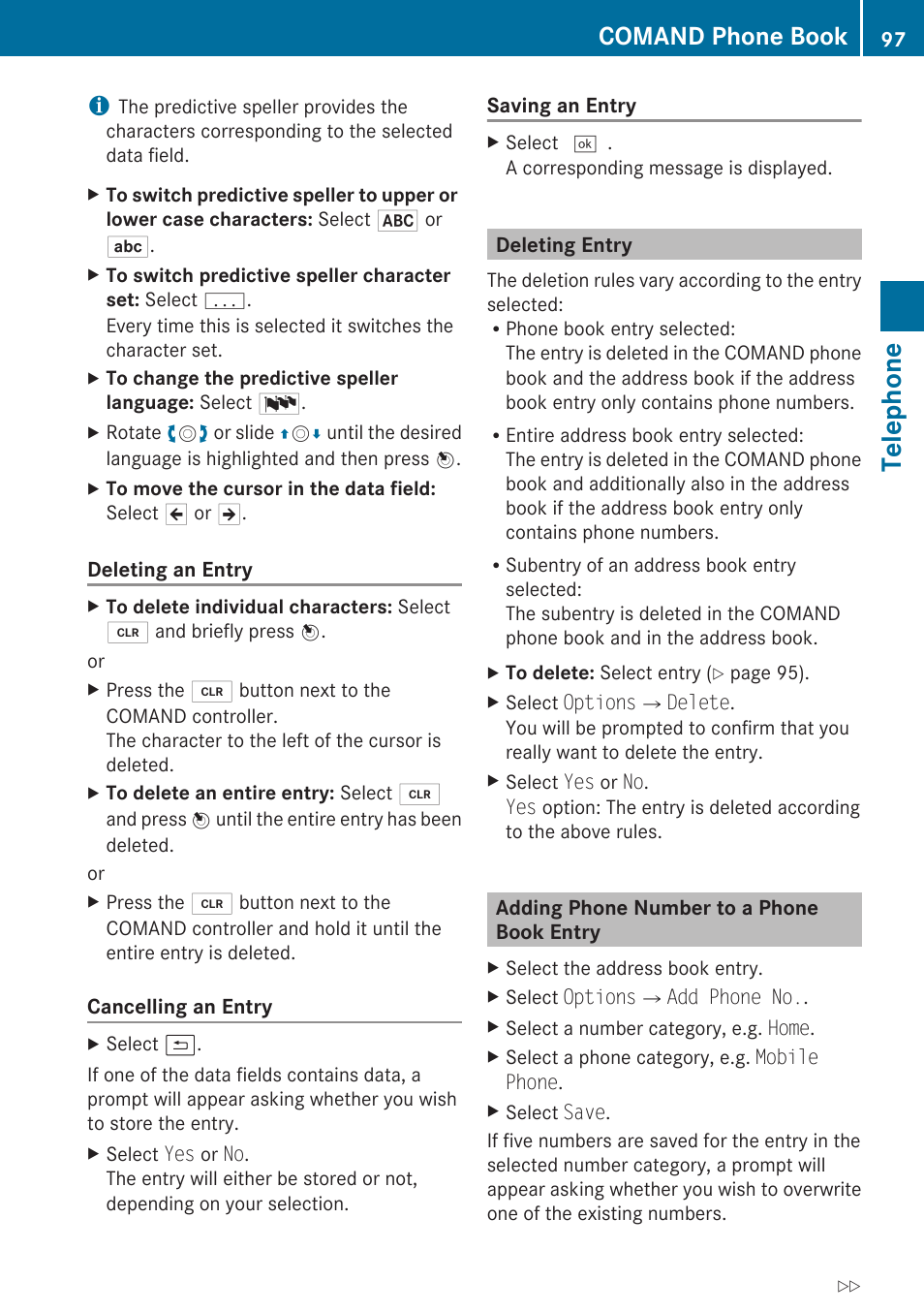 Deleting entry, Adding phone number to a phone book entry, Telephone | Comand phone book | Mercedes-Benz C-Class 2010 COMAND Manual User Manual | Page 99 / 212