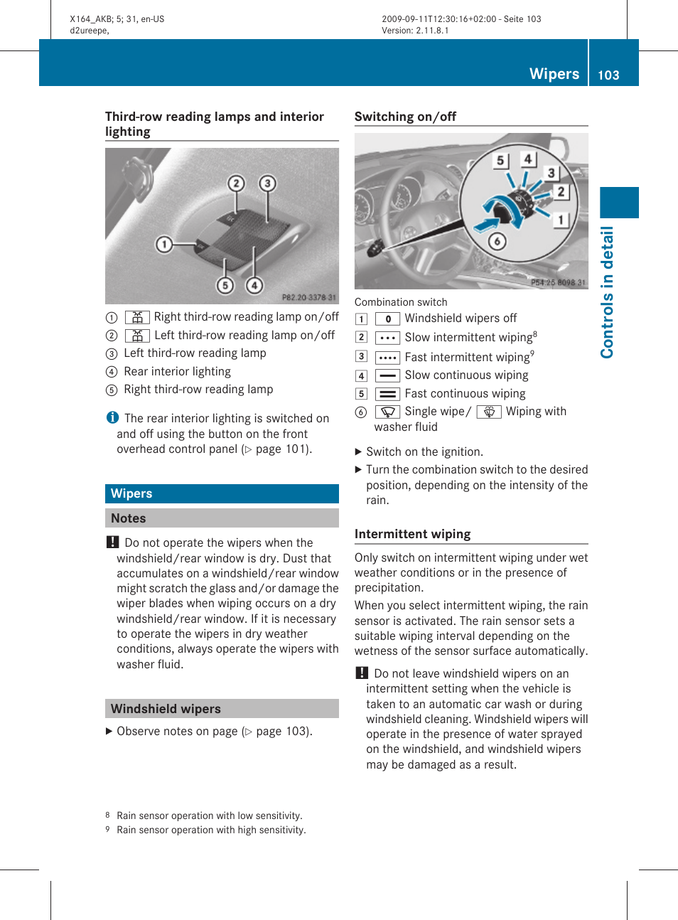 Wipers, Notes, Windshield wipers | Controls in detail | Mercedes-Benz GL-Class 2010 Owners Manual User Manual | Page 105 / 380