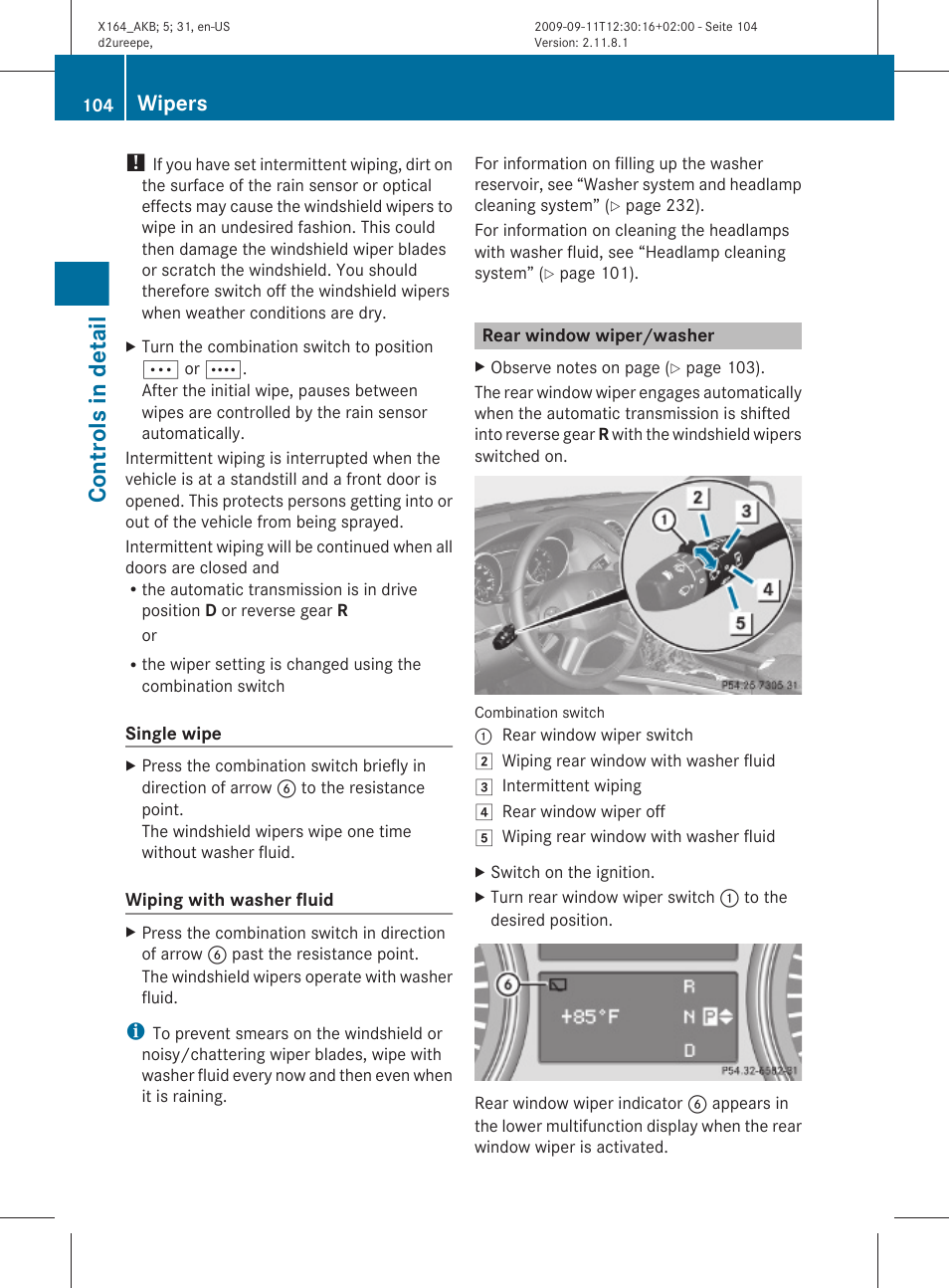 Rear window wiper/washer, Controls in detail, Wipers | Mercedes-Benz GL-Class 2010 Owners Manual User Manual | Page 106 / 380