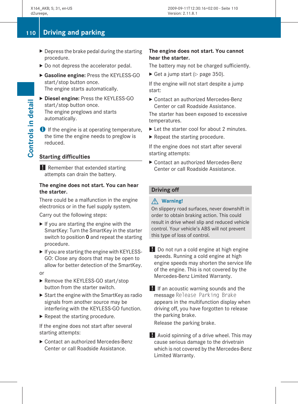 Driving off, Controls in detail, Driving and parking | Mercedes-Benz GL-Class 2010 Owners Manual User Manual | Page 112 / 380