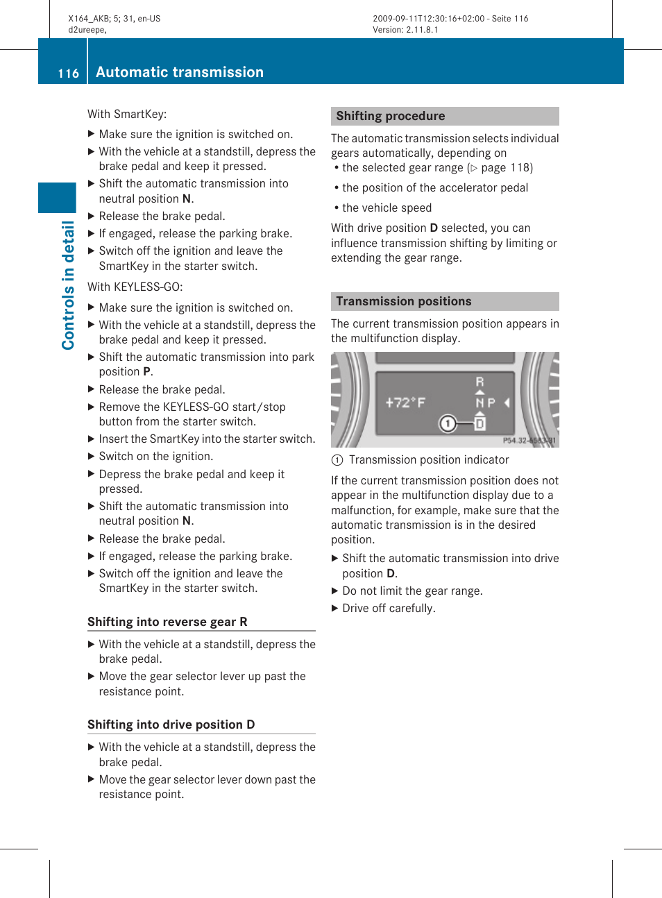 Shifting procedure, Transmission positions, Controls in detail | Automatic transmission | Mercedes-Benz GL-Class 2010 Owners Manual User Manual | Page 118 / 380