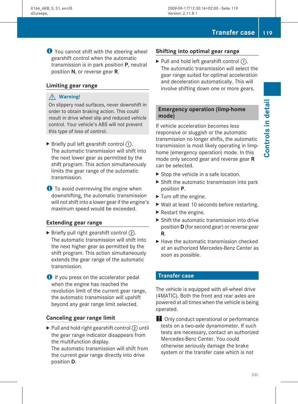 Emergency operation (limp-home mode), Transfer case, Range mode | Controls in detail | Mercedes-Benz GL-Class 2010 Owners Manual User Manual | Page 121 / 380