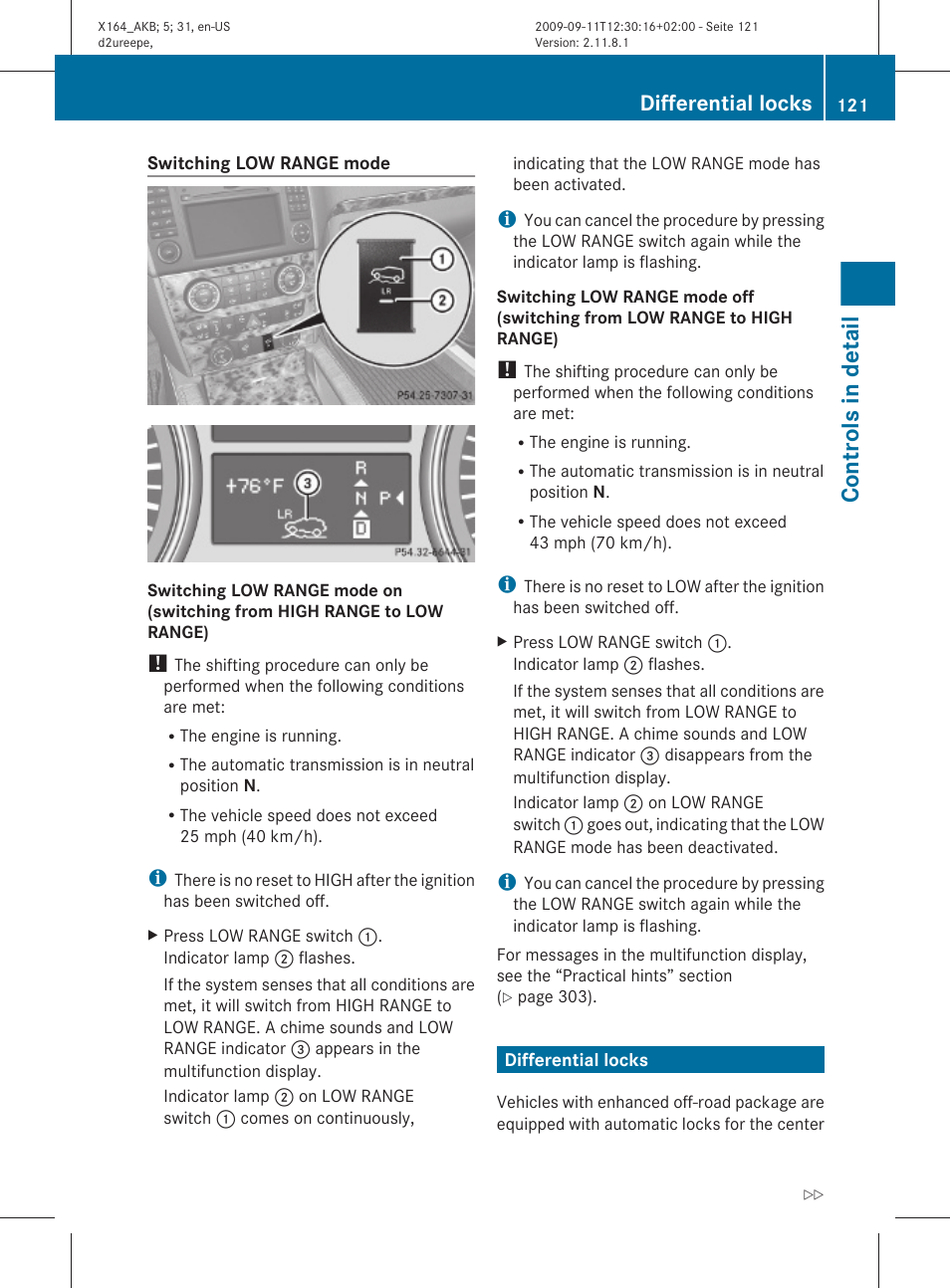 Differential locks, Controls in detail | Mercedes-Benz GL-Class 2010 Owners Manual User Manual | Page 123 / 380