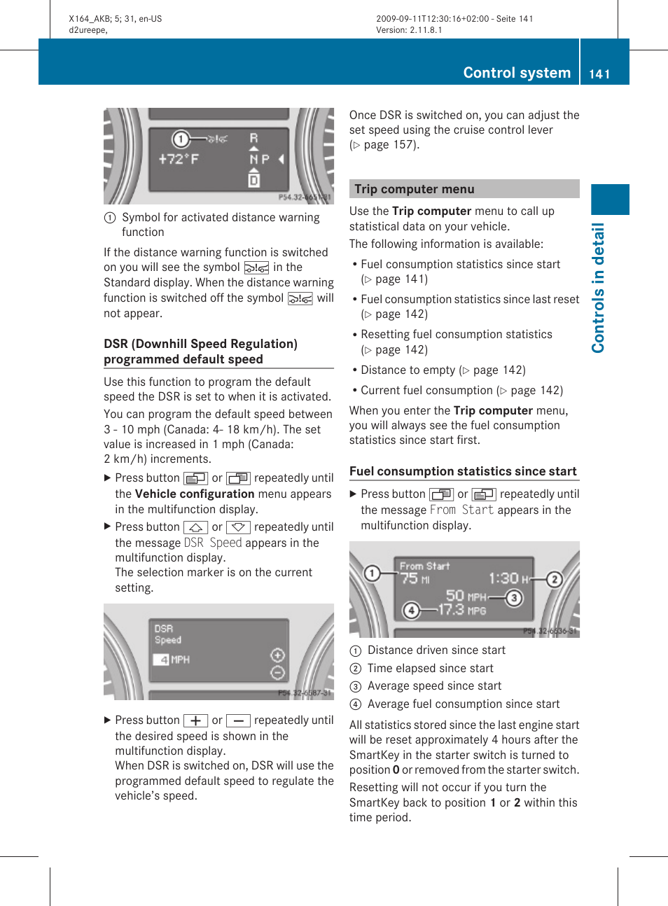 Trip computer menu, Menu, Speed | Controls in detail, Control system | Mercedes-Benz GL-Class 2010 Owners Manual User Manual | Page 143 / 380