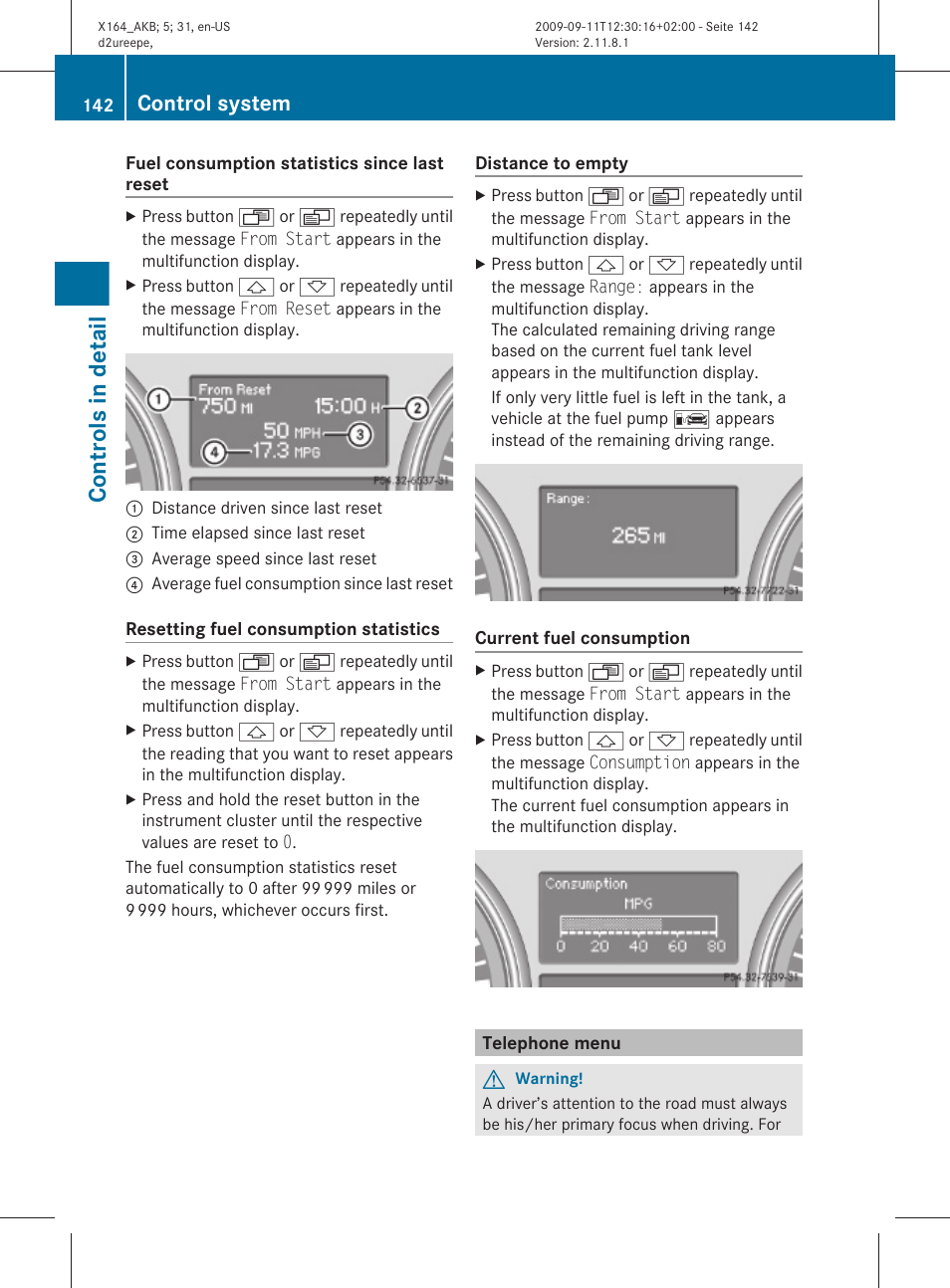 Telephone menu, Menu, Distance to empty | Current fuel consumption, Controls in detail, Control system | Mercedes-Benz GL-Class 2010 Owners Manual User Manual | Page 144 / 380