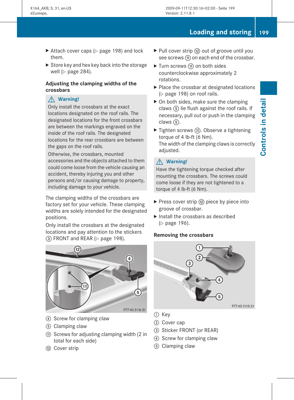 Crossbar, Controls in detail, Loading and storing | Mercedes-Benz GL-Class 2010 Owners Manual User Manual | Page 201 / 380