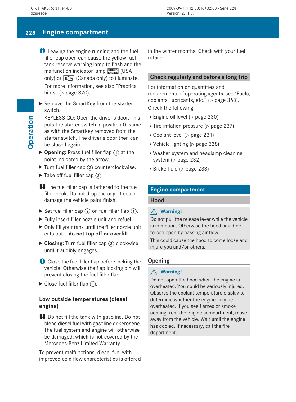 Check regularly and before a long trip, Engine compartment, Hood | Operation | Mercedes-Benz GL-Class 2010 Owners Manual User Manual | Page 230 / 380