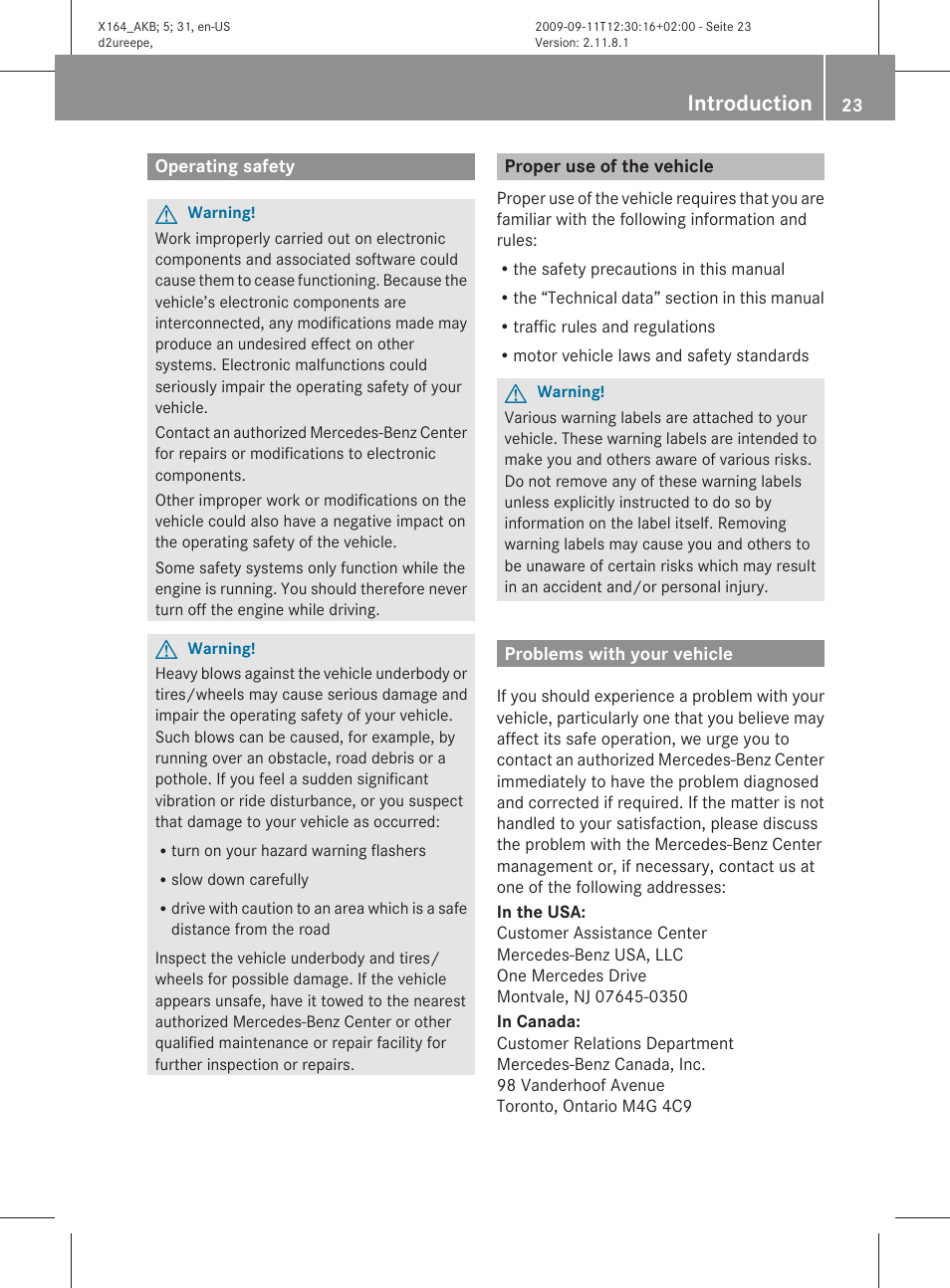 Operating safety, Proper use of the vehicle, Problems with your vehicle | Introduction | Mercedes-Benz GL-Class 2010 Owners Manual User Manual | Page 25 / 380