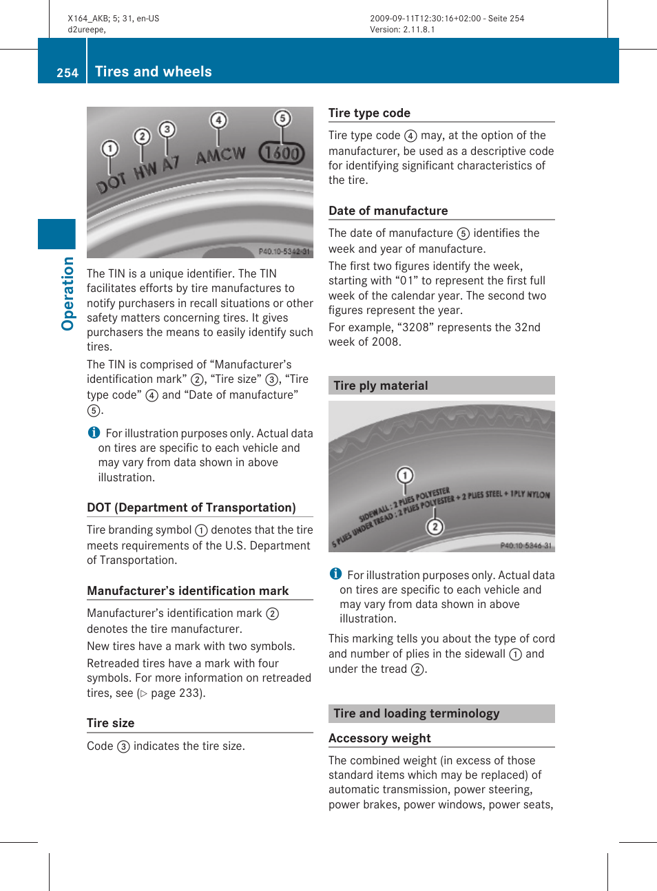 Tire ply material, Tire and loading terminology, Operation | Tires and wheels | Mercedes-Benz GL-Class 2010 Owners Manual User Manual | Page 256 / 380
