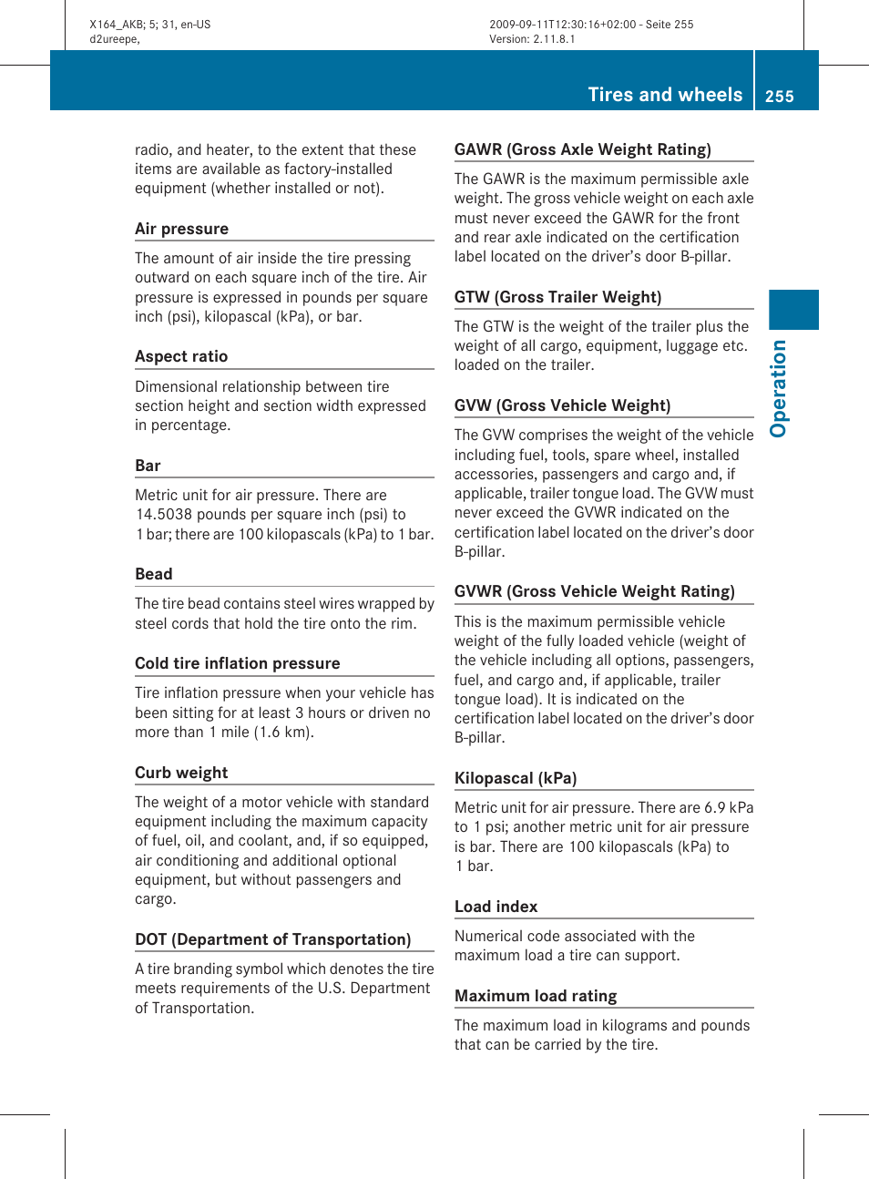 Operation, Tires and wheels | Mercedes-Benz GL-Class 2010 Owners Manual User Manual | Page 257 / 380