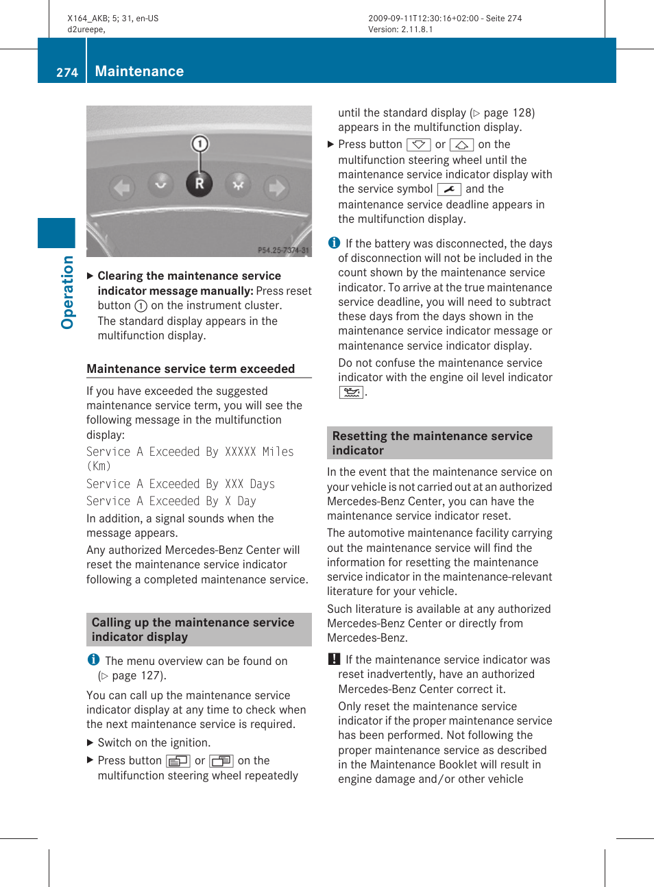Resetting the maintenance service indicator, Operation, Maintenance | Mercedes-Benz GL-Class 2010 Owners Manual User Manual | Page 276 / 380