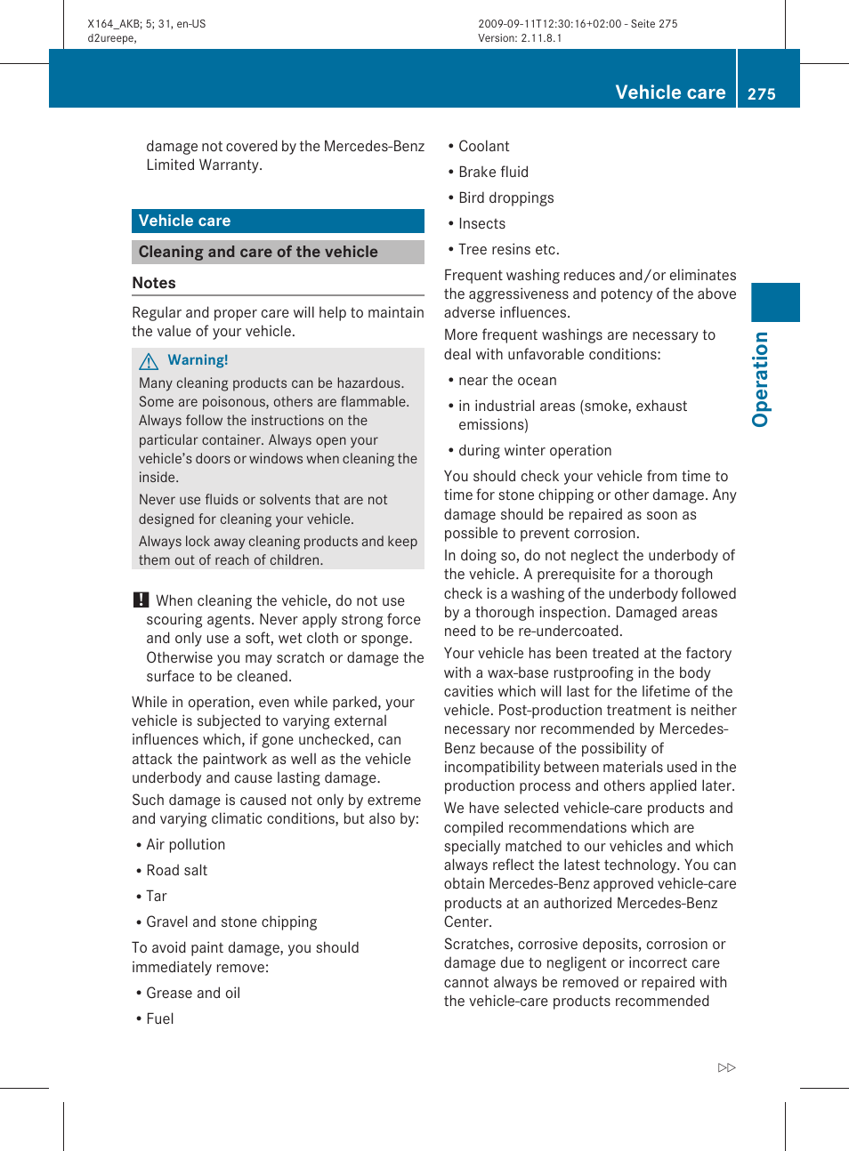 Vehicle care, Cleaning and care of the vehicle, Operation | Mercedes-Benz GL-Class 2010 Owners Manual User Manual | Page 277 / 380