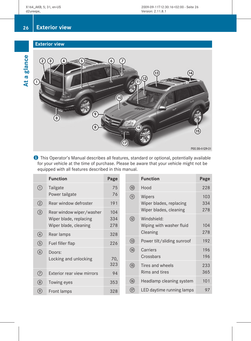 At a glance, Exterior view | Mercedes-Benz GL-Class 2010 Owners Manual User Manual | Page 28 / 380