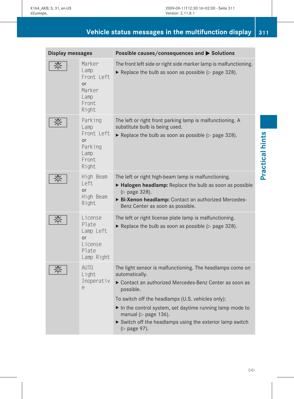 Practical hints | Mercedes-Benz GL-Class 2010 Owners Manual User Manual | Page 313 / 380