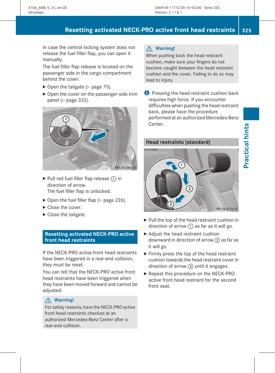 Head restraints (standard), Practical hints | Mercedes-Benz GL-Class 2010 Owners Manual User Manual | Page 327 / 380