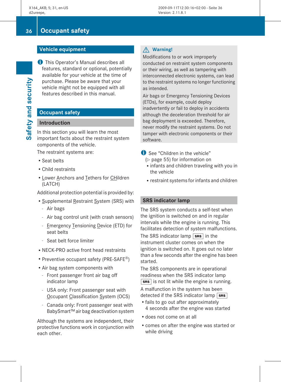 Safety and security, Vehicle equipment, Occupant safety | Introduction, Srs indicator lamp | Mercedes-Benz GL-Class 2010 Owners Manual User Manual | Page 38 / 380