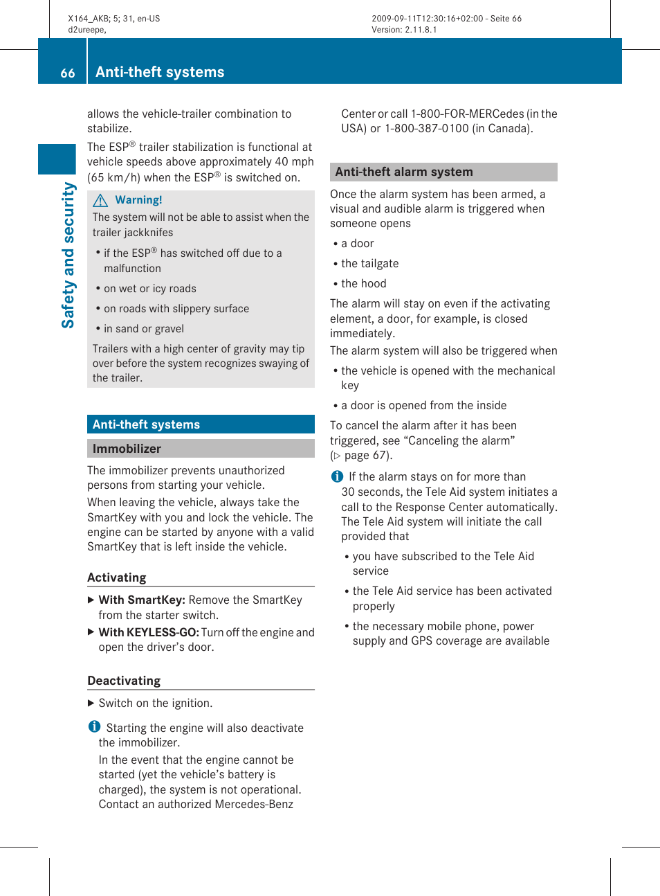 Anti-theft systems, Immobilizer, Anti-theft alarm system | Safety and security | Mercedes-Benz GL-Class 2010 Owners Manual User Manual | Page 68 / 380