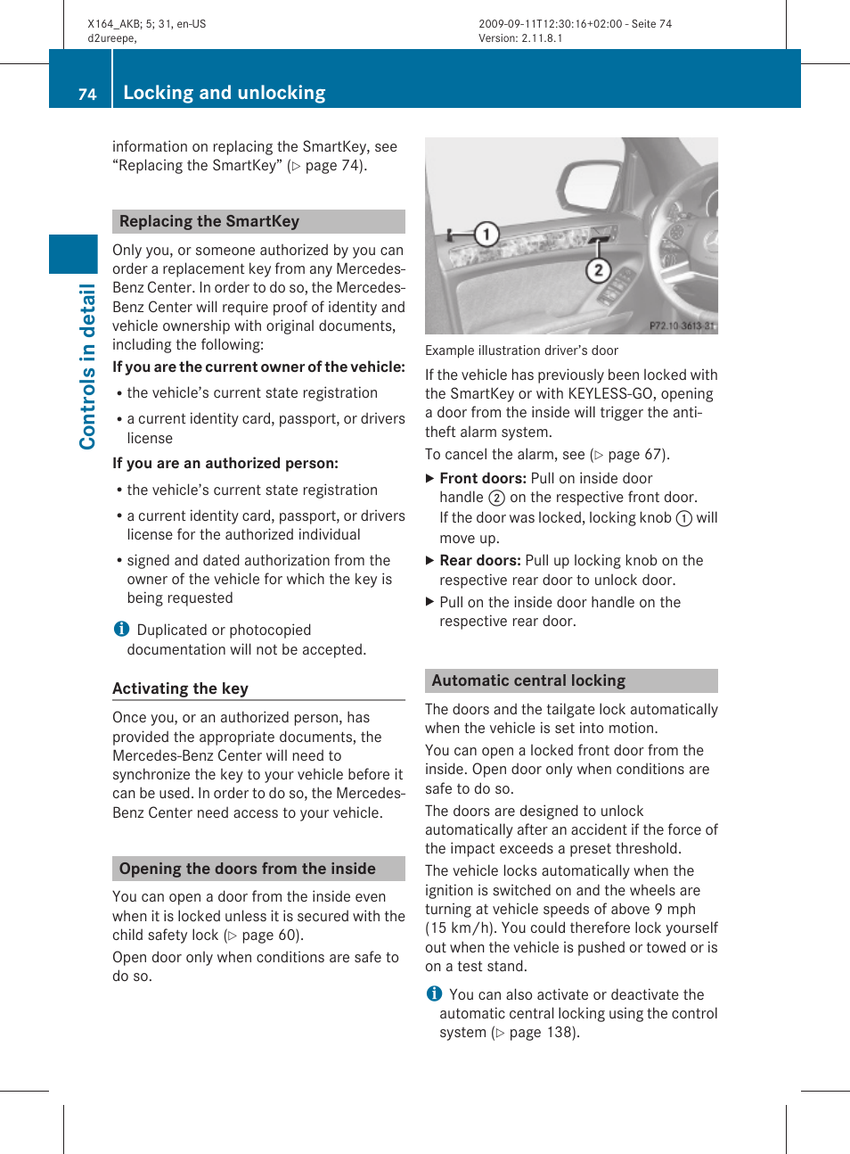 Replacing the smartkey, Opening the doors from the inside, Automatic central locking | Controls in detail, Locking and unlocking | Mercedes-Benz GL-Class 2010 Owners Manual User Manual | Page 76 / 380