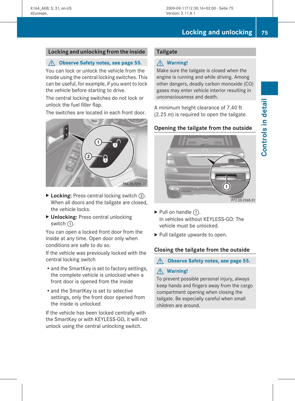 Locking and unlocking from the inside, Tailgate, Controls in detail | Locking and unlocking | Mercedes-Benz GL-Class 2010 Owners Manual User Manual | Page 77 / 380