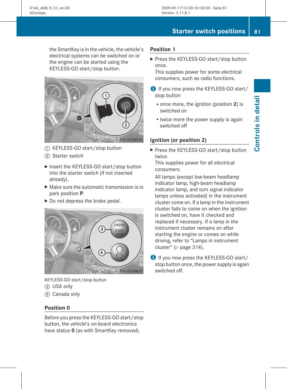Controls in detail, Starter switch positions | Mercedes-Benz GL-Class 2010 Owners Manual User Manual | Page 83 / 380