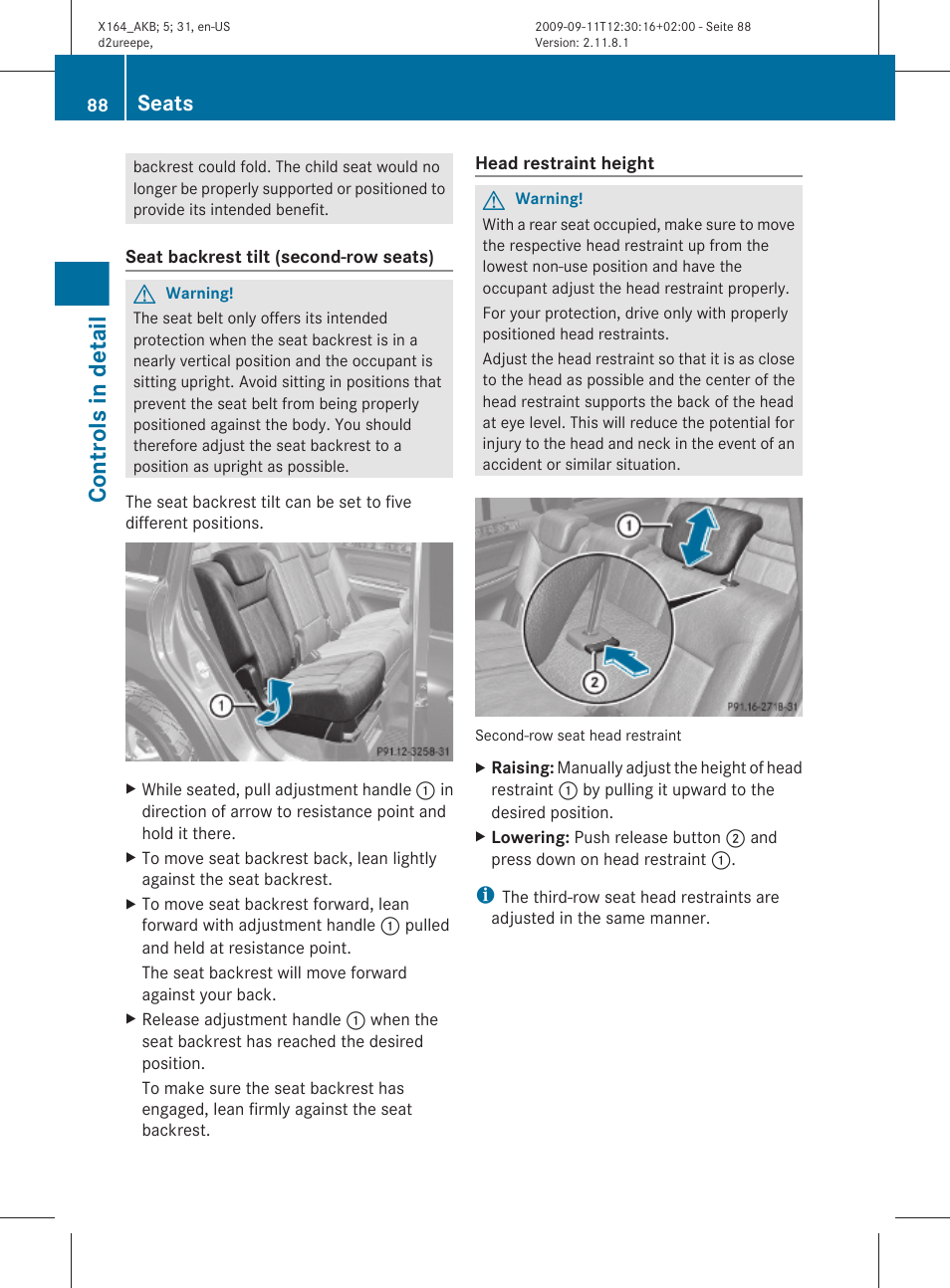 Uppermost position, Controls in detail, Seats | Mercedes-Benz GL-Class 2010 Owners Manual User Manual | Page 90 / 380