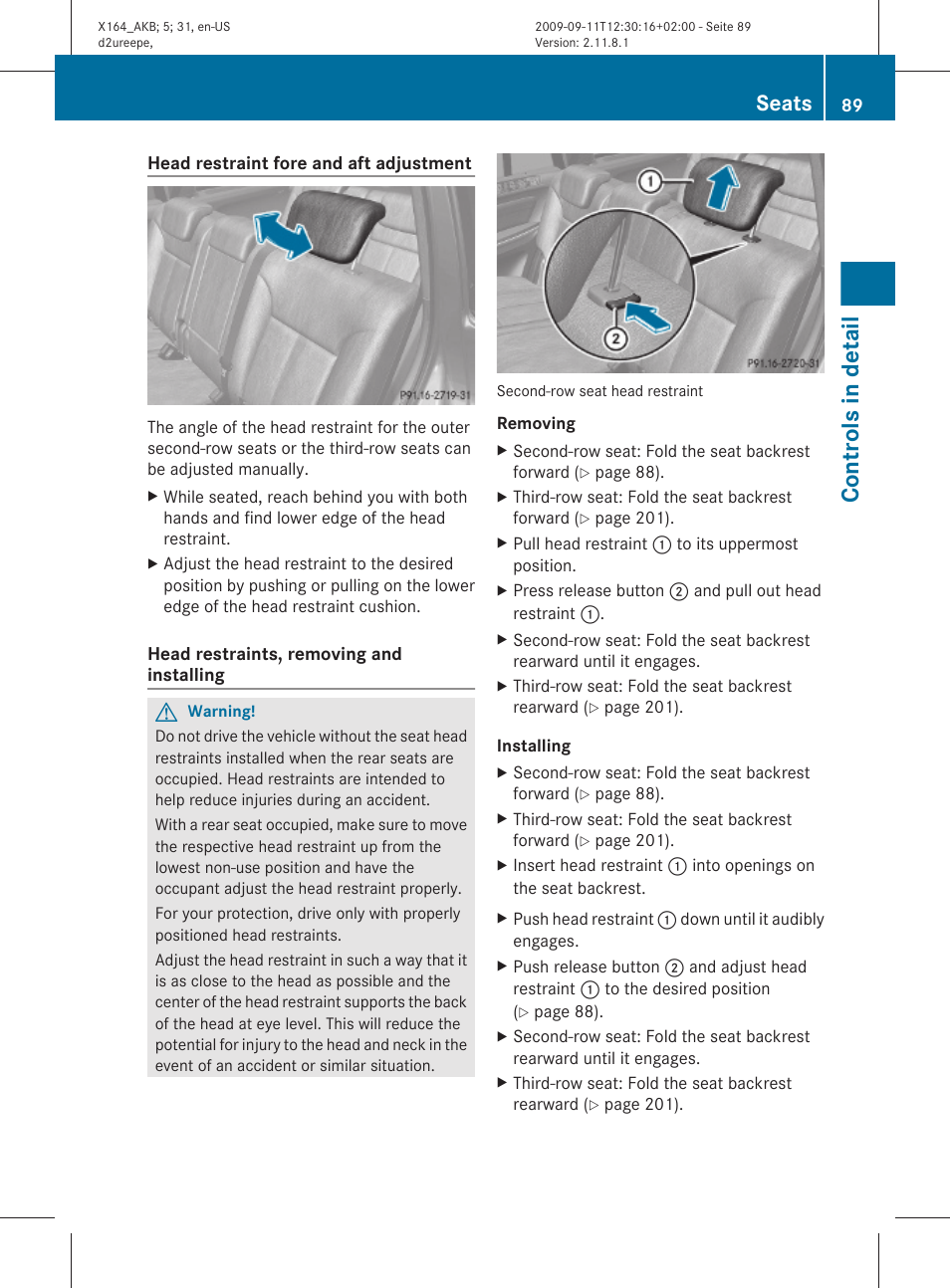 Controls in detail, Seats | Mercedes-Benz GL-Class 2010 Owners Manual User Manual | Page 91 / 380