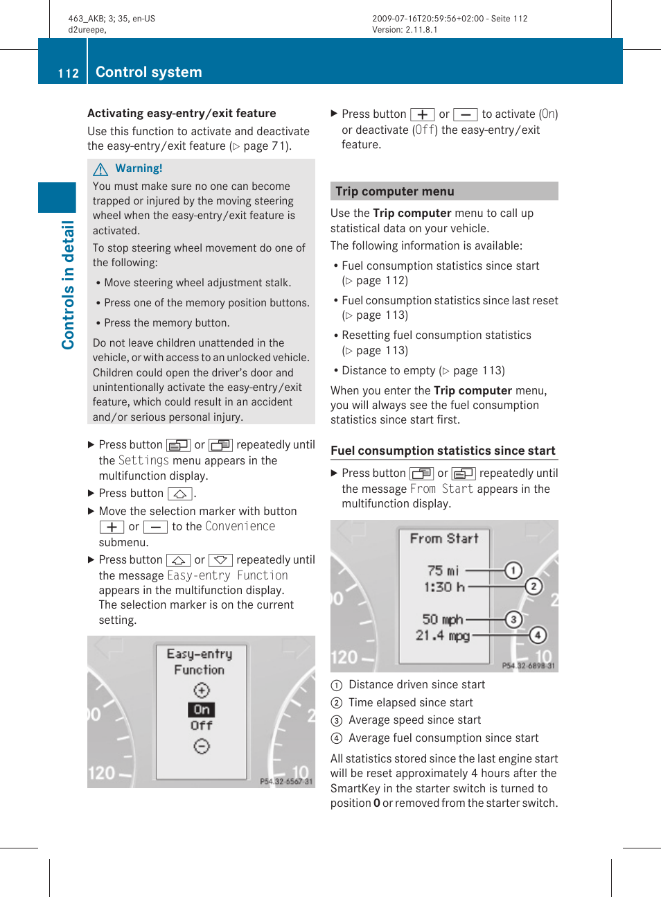 Trip computer menu, Menu, Controls in detail | Control system | Mercedes-Benz G-Class 2010 Owners Manual User Manual | Page 114 / 272
