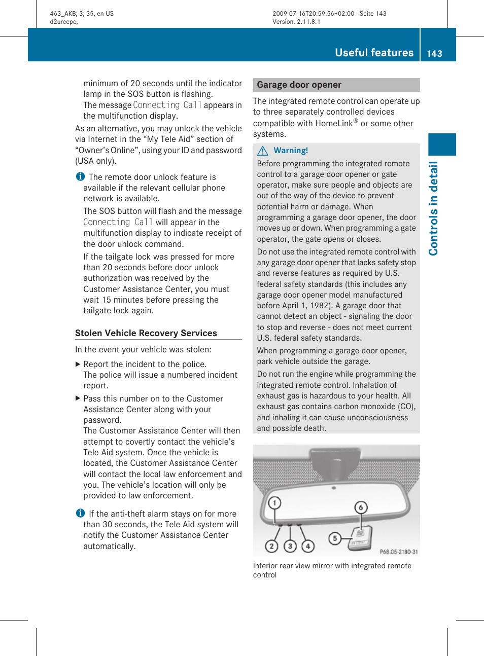Garage door opener, Controls in detail, Useful features | Mercedes-Benz G-Class 2010 Owners Manual User Manual | Page 145 / 272