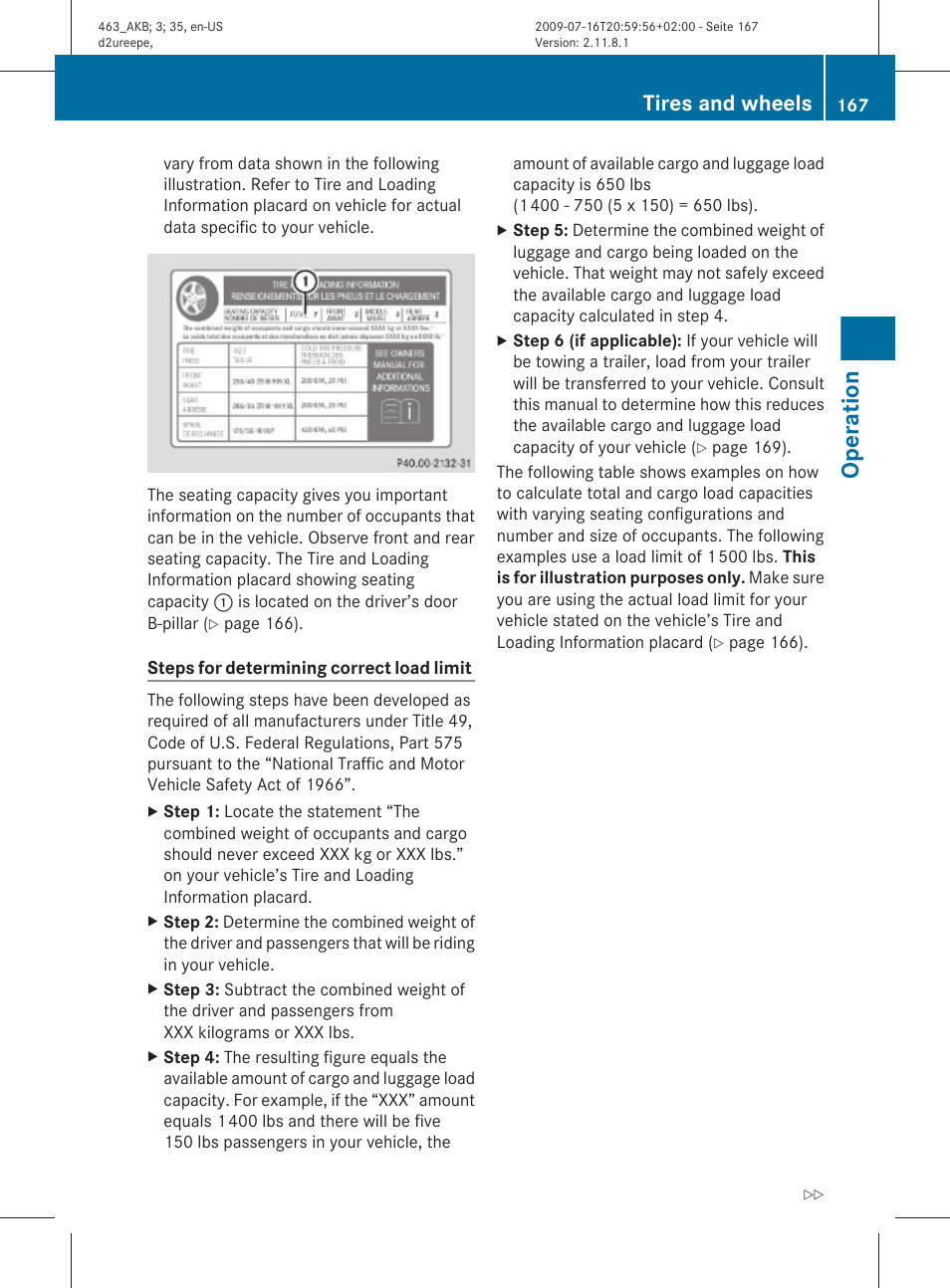 Operation, Tires and wheels | Mercedes-Benz G-Class 2010 Owners Manual User Manual | Page 169 / 272