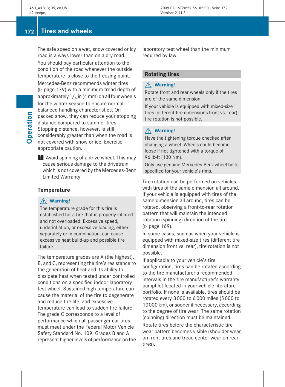 Rotating tires, Operation, Tires and wheels | Mercedes-Benz G-Class 2010 Owners Manual User Manual | Page 174 / 272