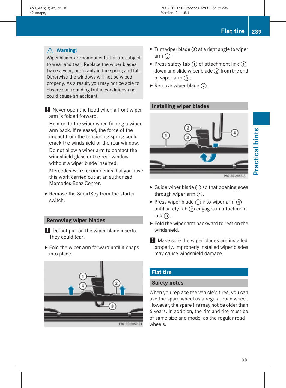 Removing wiper blades, Installing wiper blades, Flat tire | Safety notes, Tire, See “flat tire, If necessary, change the wheel, Practical hints | Mercedes-Benz G-Class 2010 Owners Manual User Manual | Page 241 / 272