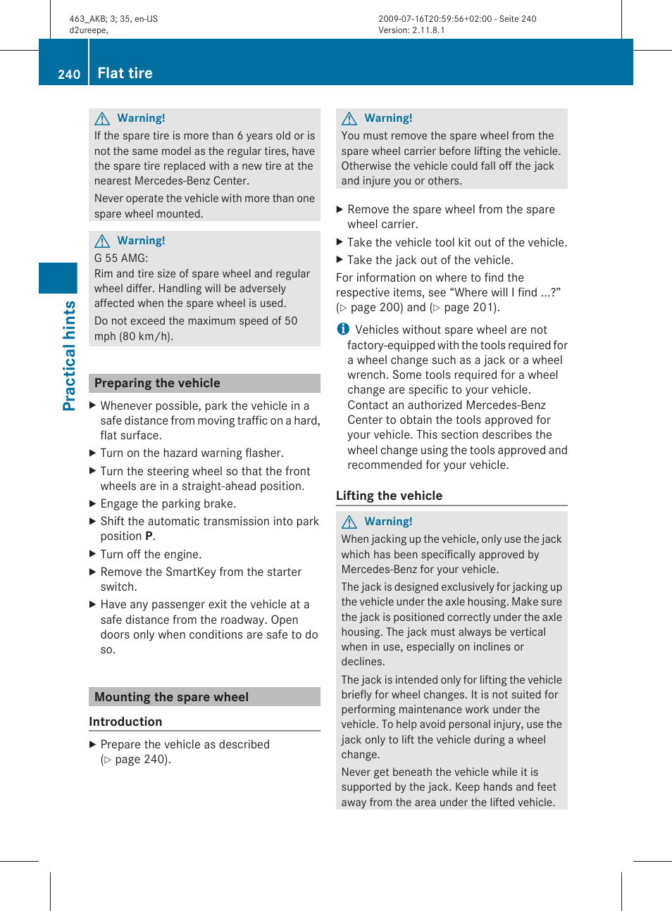 Preparing the vehicle, Mounting the spare wheel, Practical hints | Flat tire | Mercedes-Benz G-Class 2010 Owners Manual User Manual | Page 242 / 272